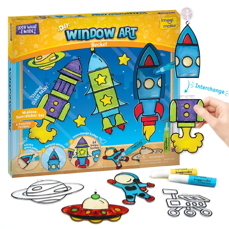 Imagimake Window Art Rocket DIY Craft Kit for Kids  Space-Themed Glass Painting Activity with Suction Hooks (Ages 4+)